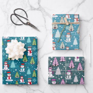 Super Cute Snowman and Christmas Trees Christmas Wrapping Paper Sheet