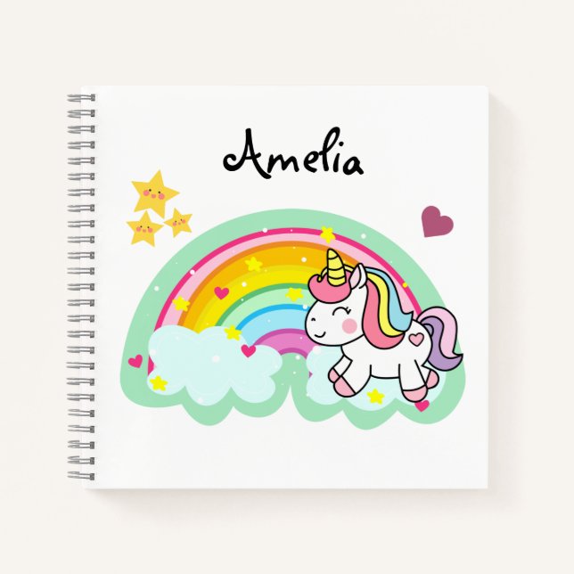 Super Cute Unicorn and Rainbow Personalised Notebook (Front)