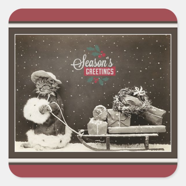Super Cute Vintage Christmas Cat Square Sticker (Front)