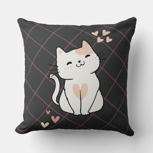 Super Cute White Cat with Hearts Throw Pillow (Front)
