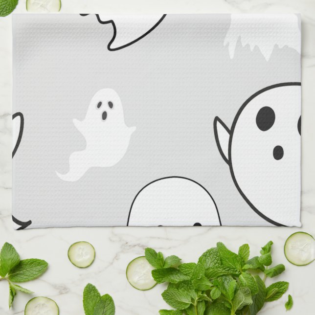 Super Cute White Ghosts Light Grey Halloween Kitchen Towel (Folded)