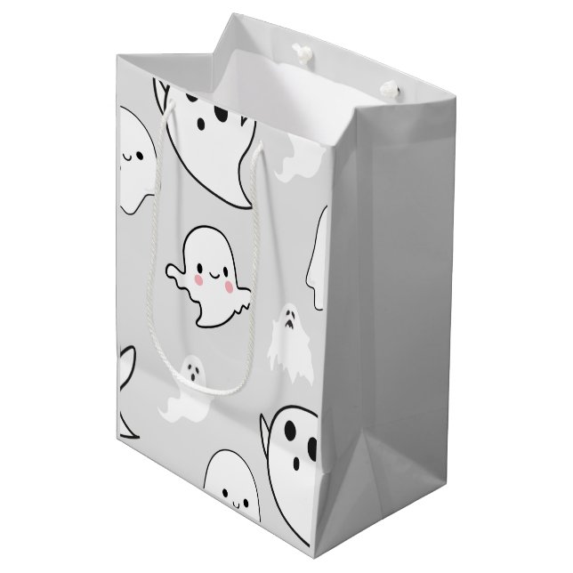 Super Cute White Ghosts Light Grey Halloween Medium Gift Bag (Front Angled)