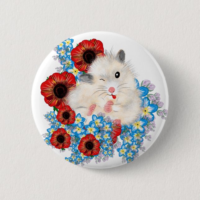 Super cute white sable syrian hamster in flowers 2 inch round button (Front)