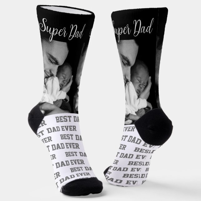 Super Dad Black & White Modern Photo w/ Typography Socks (Angled)