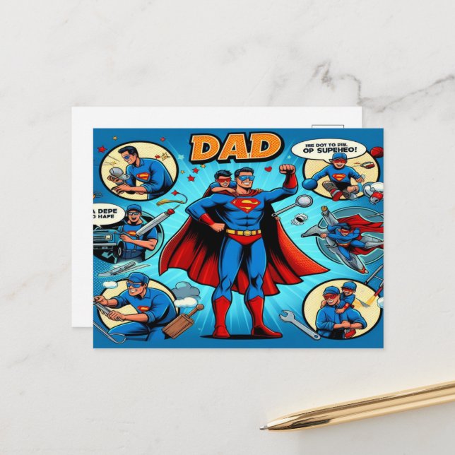 Super Dad comic book-style Holiday Postcard (Front/Back In Situ)