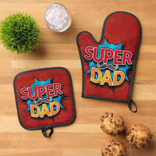 Super Dad Moustache Modern Grunge Oven Mitt & Pot Holder Set