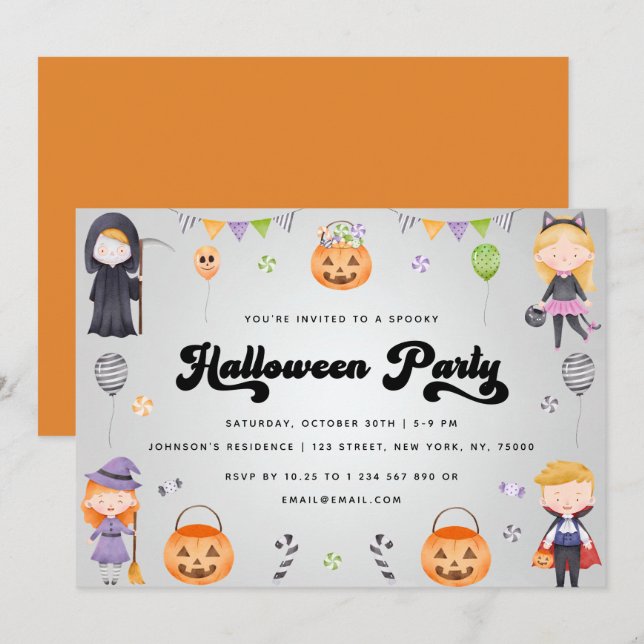Super Enfants Halloween Costume fête Invitation d' (Devant / Derrière)
