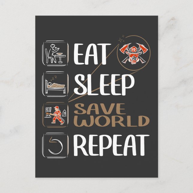 Super Firefighter saves the World. Funny saying. Postcard (Front)