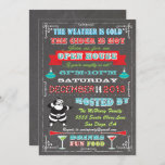 Super Fun Chalkboard Christmas Open House Invitation<br><div class="desc">Cheer up your Holidays with the poster style Christmas Open House invitation with retro santa claus,  banners,  cocktails and ornaments all on a chalkboard background with fun typography. The weather is cold,  the cider is hot so invite your friends over if they're naughty or not!</div>