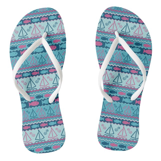Super Fun Fish And Sailboat Pattern Flip Flops (Footbed)