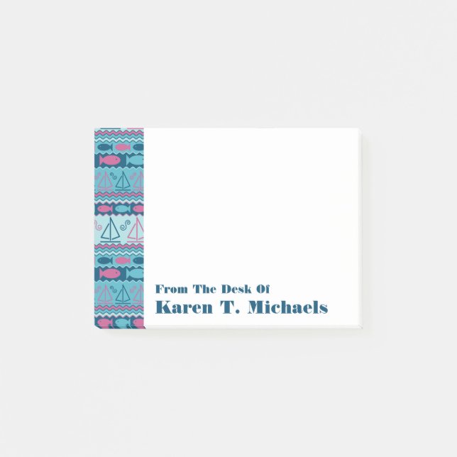Super Fun Fish & Sailboat Pattern | Add Your Name Post-it Notes (Front)