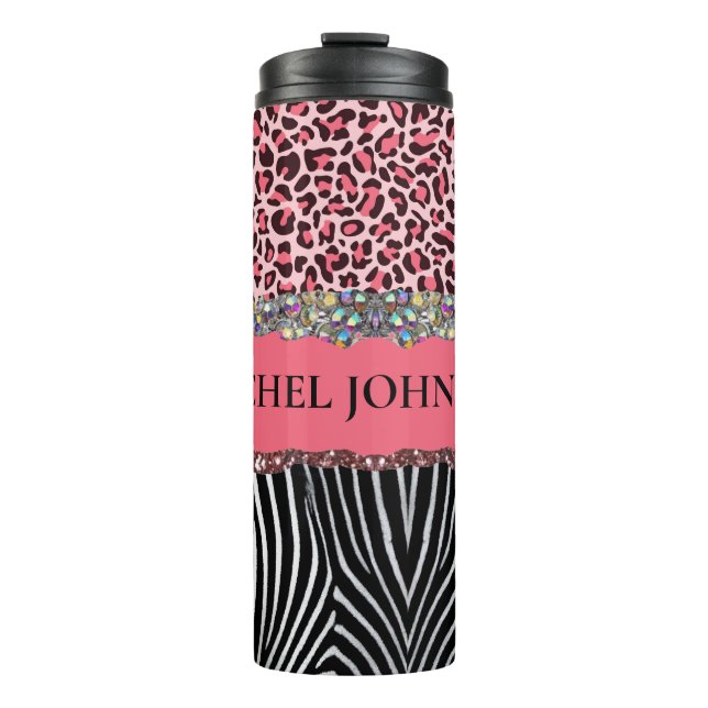 Super Girly Pink Glitter Exotic Leopard Print Thermal Tumbler (Front)