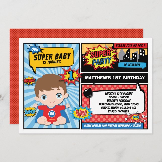 Super Hero 1st Birthday Superhero Comics Party Invitation (Front/Back)