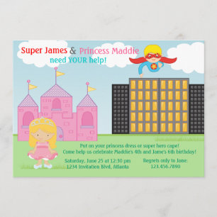 Super Hero and Princess Twins Joint Birthday Party Invitation
