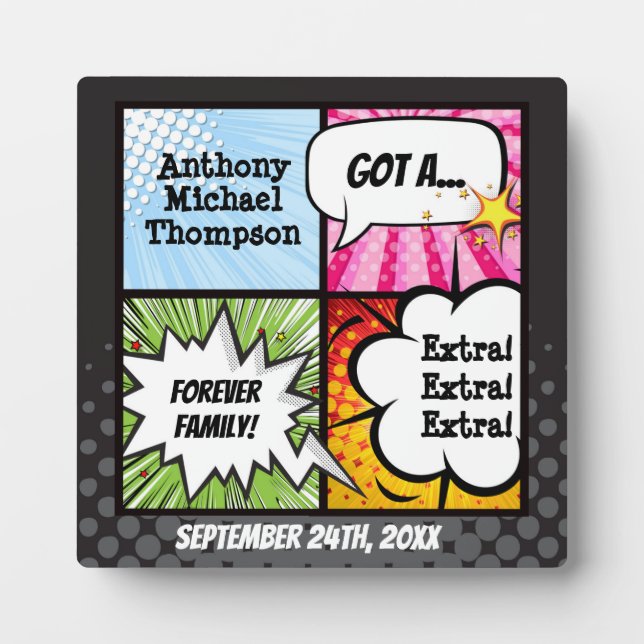 Super Hero Comic Book Adoption, Family Gift Plaque (Front)