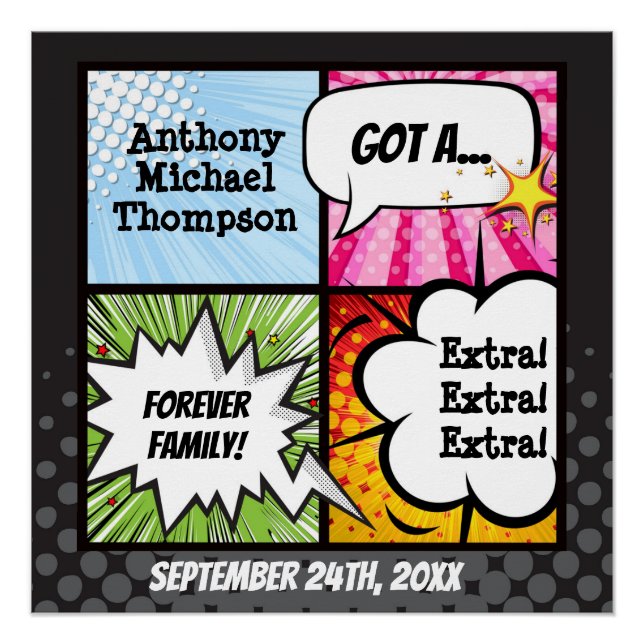 Super Hero Comic Book Adoption, Family Gift Poster (Front)