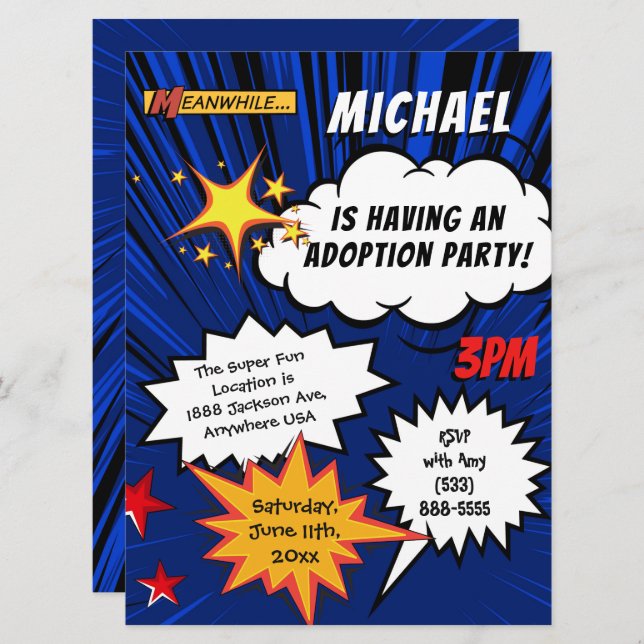 Super Hero Comic Book Adoption Party Invitation (Front/Back)