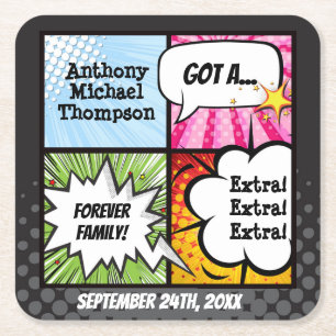 Super Hero Comic Book Adoption, Party Supplies Square Paper Coaster