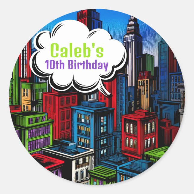 Super Hero Comic Book City Birthday Party Classic Round Sticker (Front)