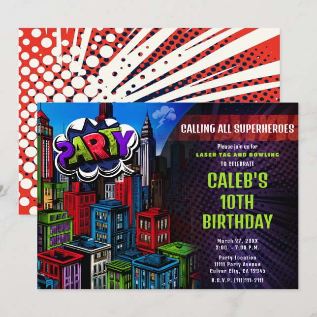 Super Hero Comic Book City Birthday Party Invitation (Front/Back)