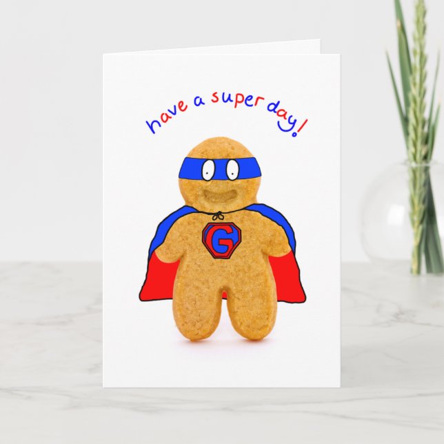 super hero gingerbread man character birthday card (Front)