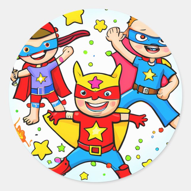 Super Hero Kids Themed Birthday Party Sticker (Front)