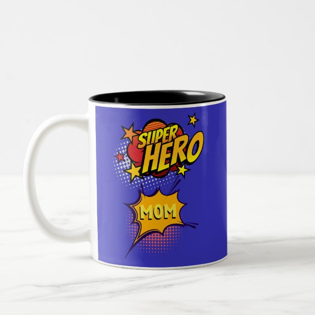 Super Hero Mom Comic Book Style Two-Tone Coffee Mug (Left)