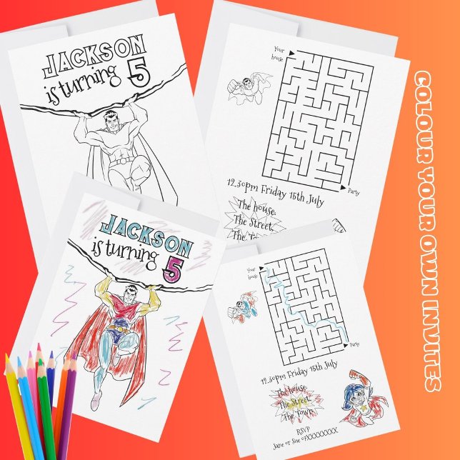 Super Hero Party Invite coloring in color (Superhero)