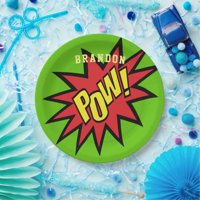 Super Hero Pow Custom Colour Personalized Paper Plate (Party)