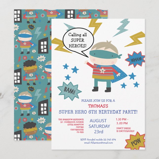 Super héros thème Enfants Invitation de la fête de (Devant / Derrière)