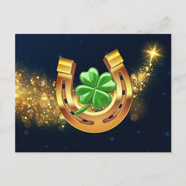 Super lucky horseshoe 4 leaf clover shooting star postcard (Front)