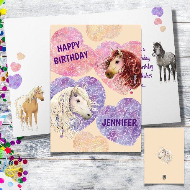Super mignonne Boho Ponies rose violet carte d'ann (Boho Ponies Birthday Card with Name)