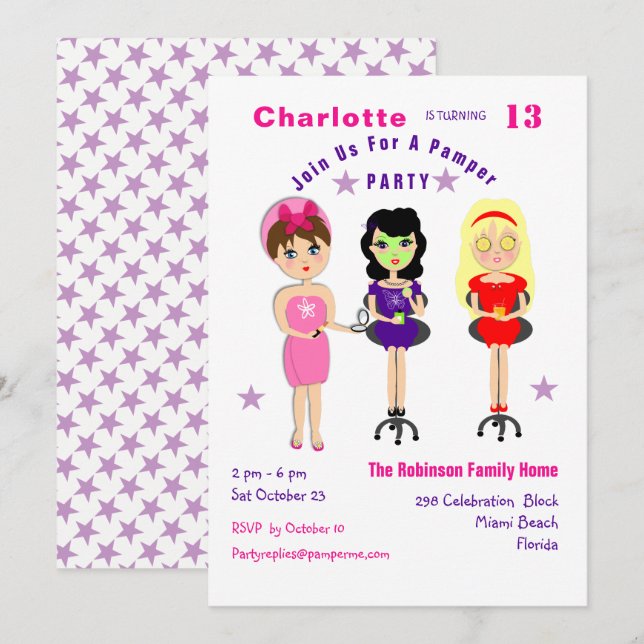 Super mignonne Pamper Party filles Invitations d'a (Devant / Derrière)