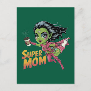 Super Mom Alien Hero Chibi Vector Cartoon Postcard
