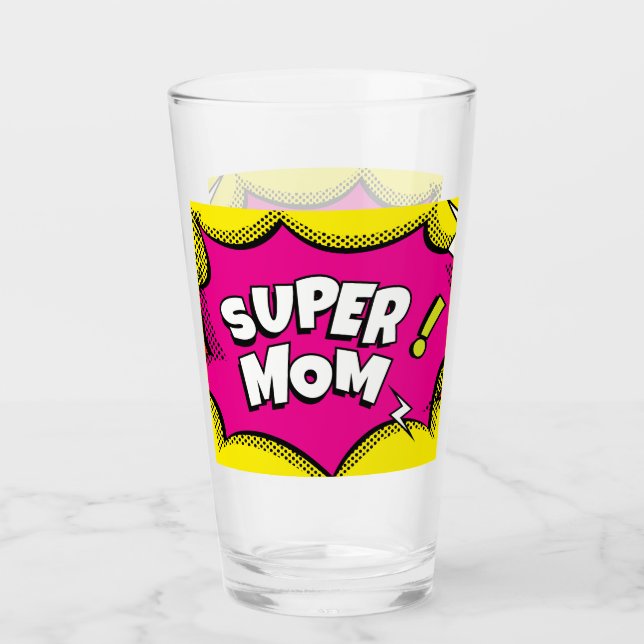  “Super Mom” Colourful Comic Book Pop Art  Glass (Front)