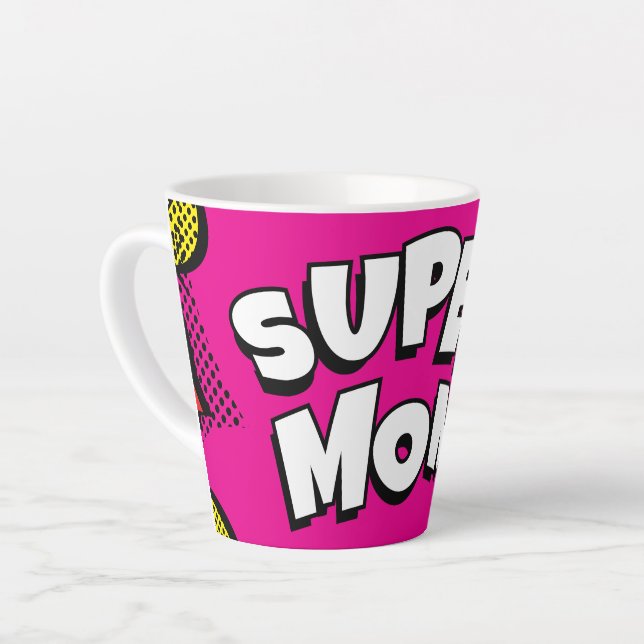 “Super Mom” Colourful Comic Book Pop Art Latte Mug (Left Angle)
