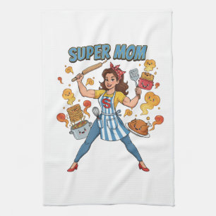 Super Mom Cooking Vintage Cartoon Apparel Kitchen Towel