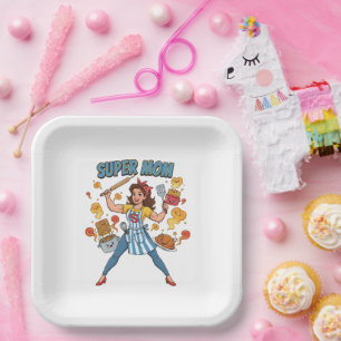 Super Mom Cooking Vintage Cartoon Apparel Paper Plate