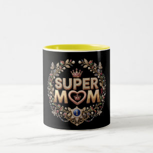 Super Mom Elegant Floral Crown Gold Badge Two-Tone Coffee Mug