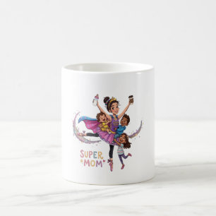 Super Mom: Hero Mother with Three Kids Illustratio Coffee Mug