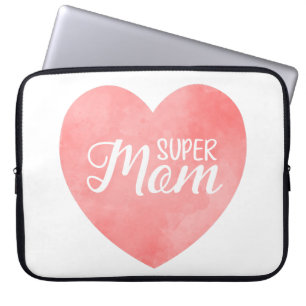 Super mom in pink watercolor heart, mother's day  laptop sleeve