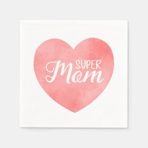 Super mom in pink watercolor heart, mother's day  napkin
