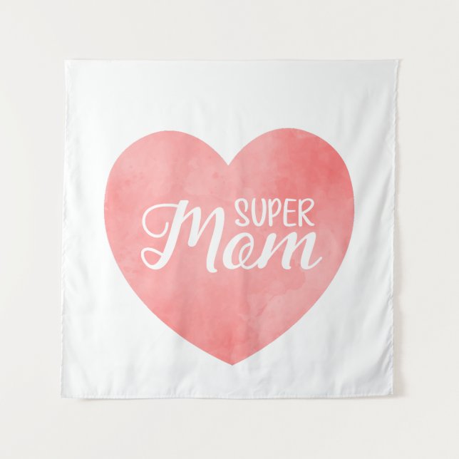 Super mom in pink watercolor heart, mother's day  tapestry (Front)