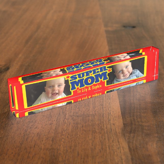 Super Mom kids name and photo desk plaque Nameplate (Side)