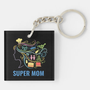 Super Mom Many Hats Colourful Retro Graphic Keychain
