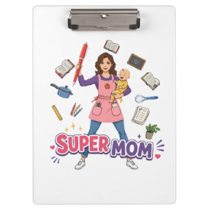 Super Mom Multitasking Mother Cartoon Design Clipboard