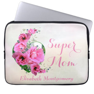 Super Mom Natural Pink Floral Heart Custom Name Laptop Sleeve