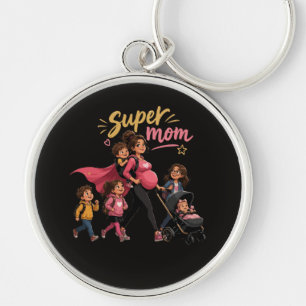 Super Mom of 5 Pregnant Mother Retro Cartoon Keychain