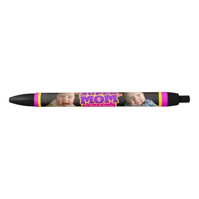 Super Mom pink kids name and photo  Black Ink Pen (Front)