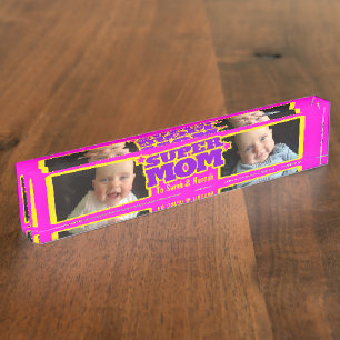 Super Mom pink kids name and photo desk plaque Nameplate